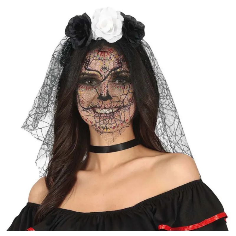 Disfrazzes Diademas, Tiaras Y Coronas Disfraces |Accesorios Halloween Y Terror ^Diadema Flores Negras y Blancas con Velo