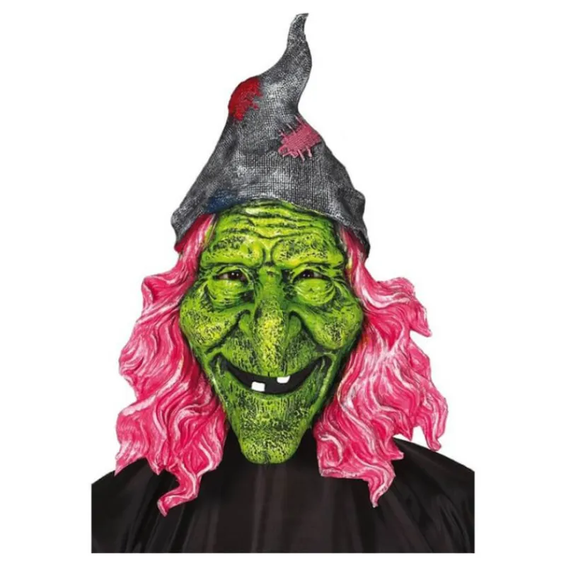 Outlet Máscara de Bruja Verde con pelo rosa Máscaras Terror Y Carnaval