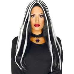 Mujer Disfrazzes Pelucas, Barbas Y Bigotes Disfraces|Disfraces Mujer^Peluca de Bruja negra con mechas blancas Halloween