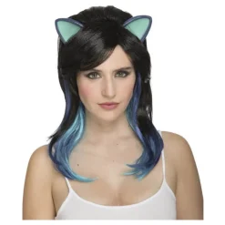 Disfrazzes Pelucas, Barbas Y Bigotes Disfraces^Peluca de Gatita Negra con Orejas y Mechas Azules