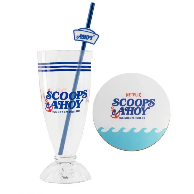 Cinereplicas Stranger Things^Vaso y pajita para batido Scoops Ahoy - Stranger Things